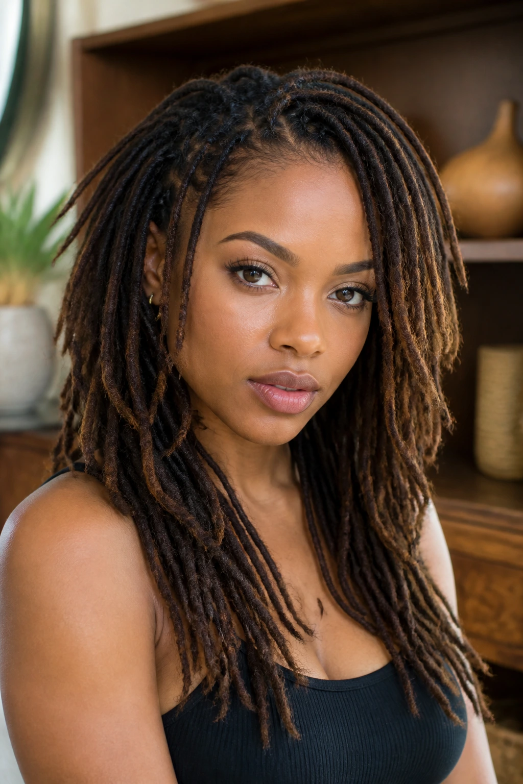 Portrait of a woman with layered locs and extensions