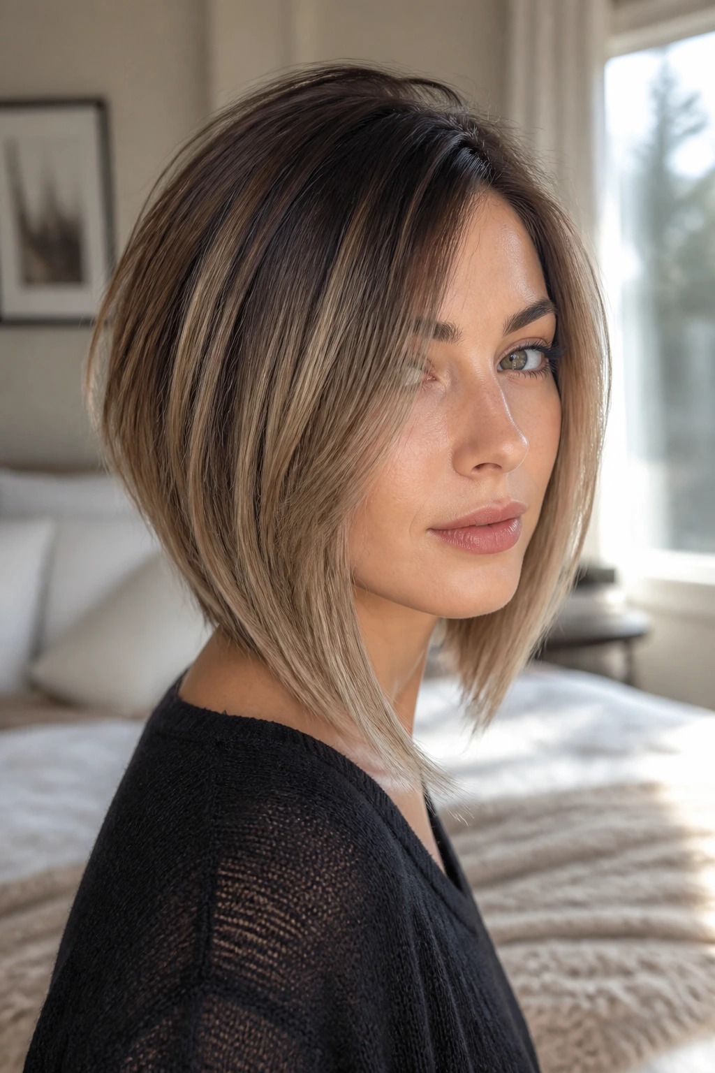 Portrait of a real woman with layered long angled bob suitable for fine hair under soft daylight