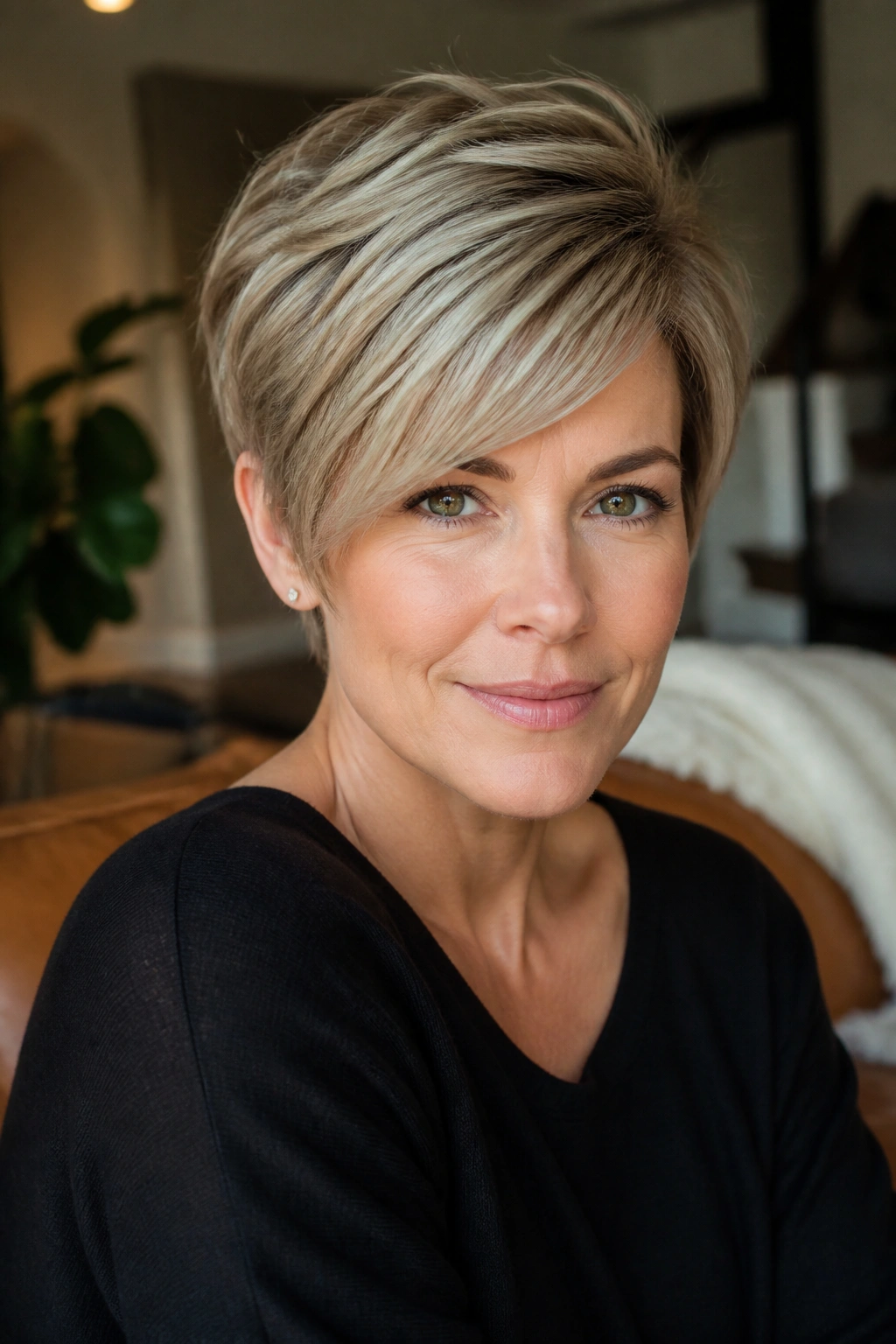 Close-up portrait of a real person with layered long pixie hairstyle