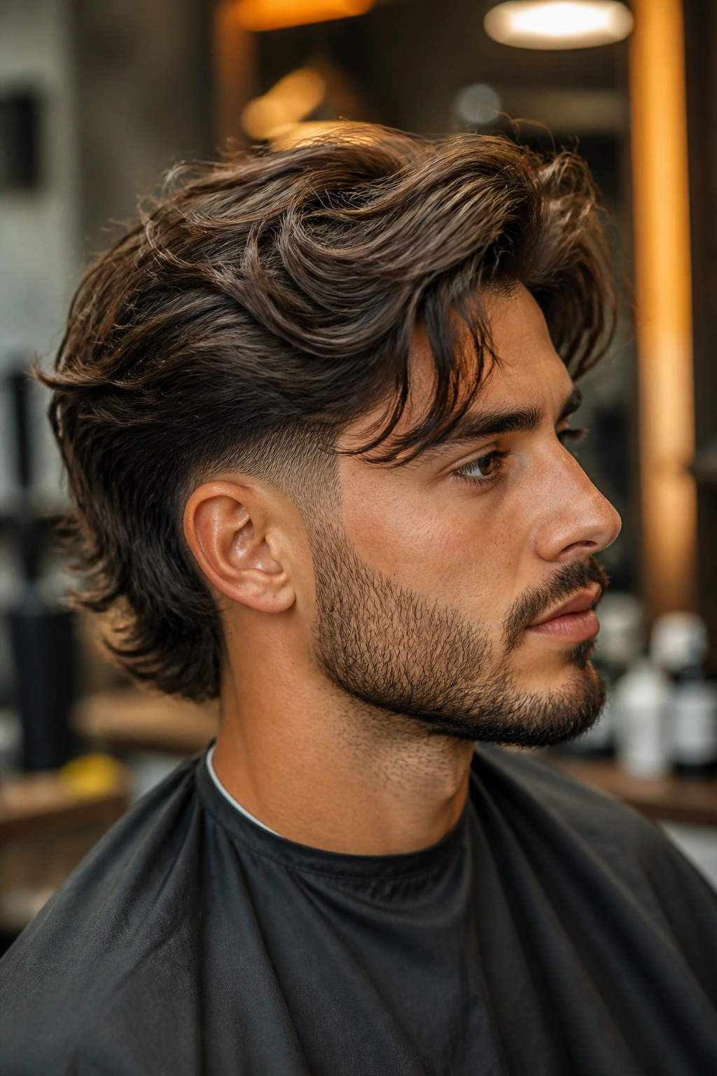 Real man with layered mane and drop fade, close-up head-and-shoulders
