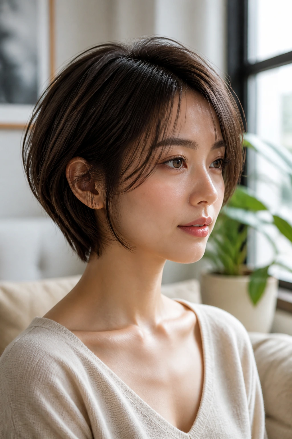 Close-up of real woman with layered micro bob for fine hair
