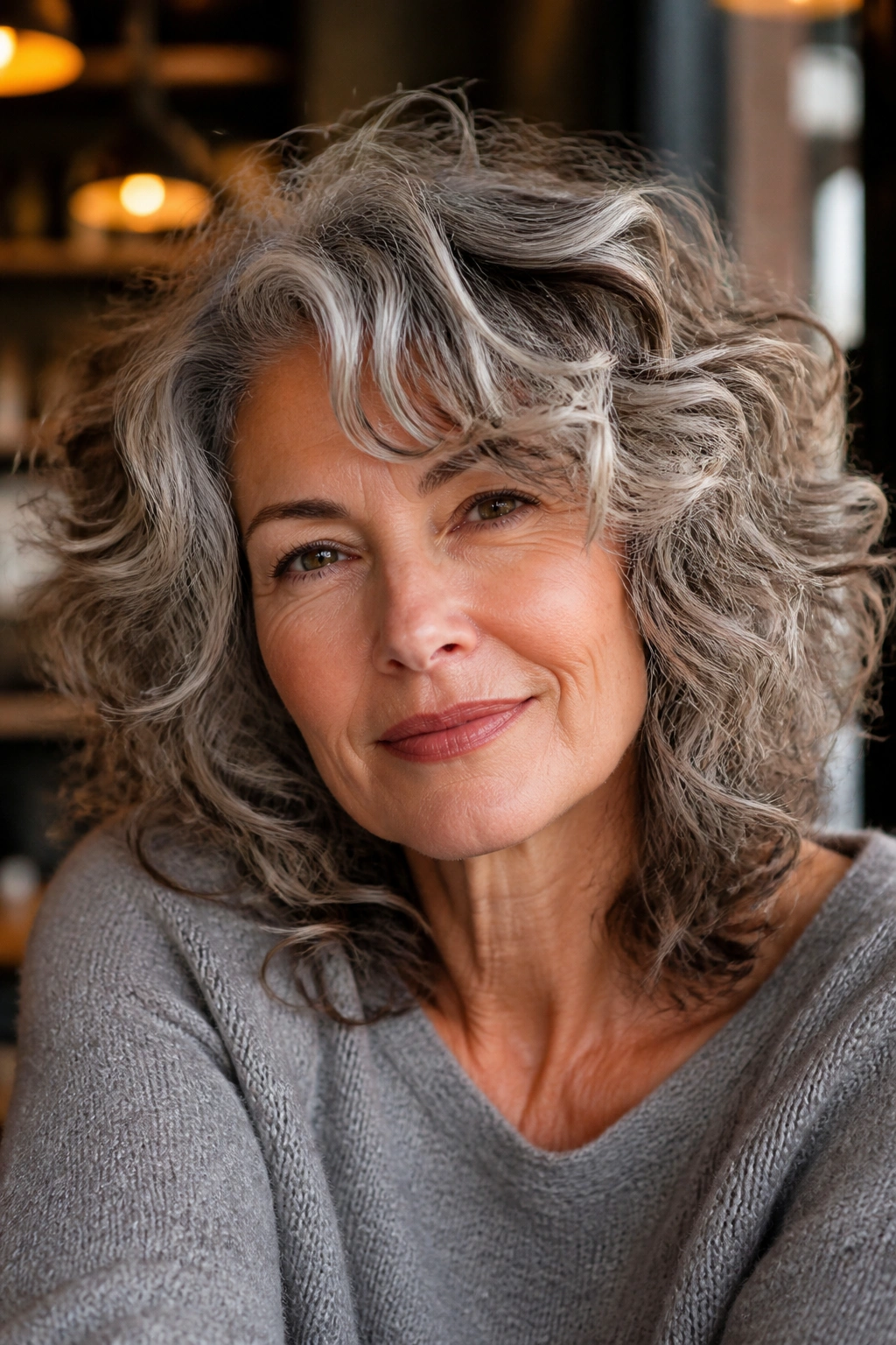 Portrait of a real woman with layered mid-length curls showing layered texture and gray hair.