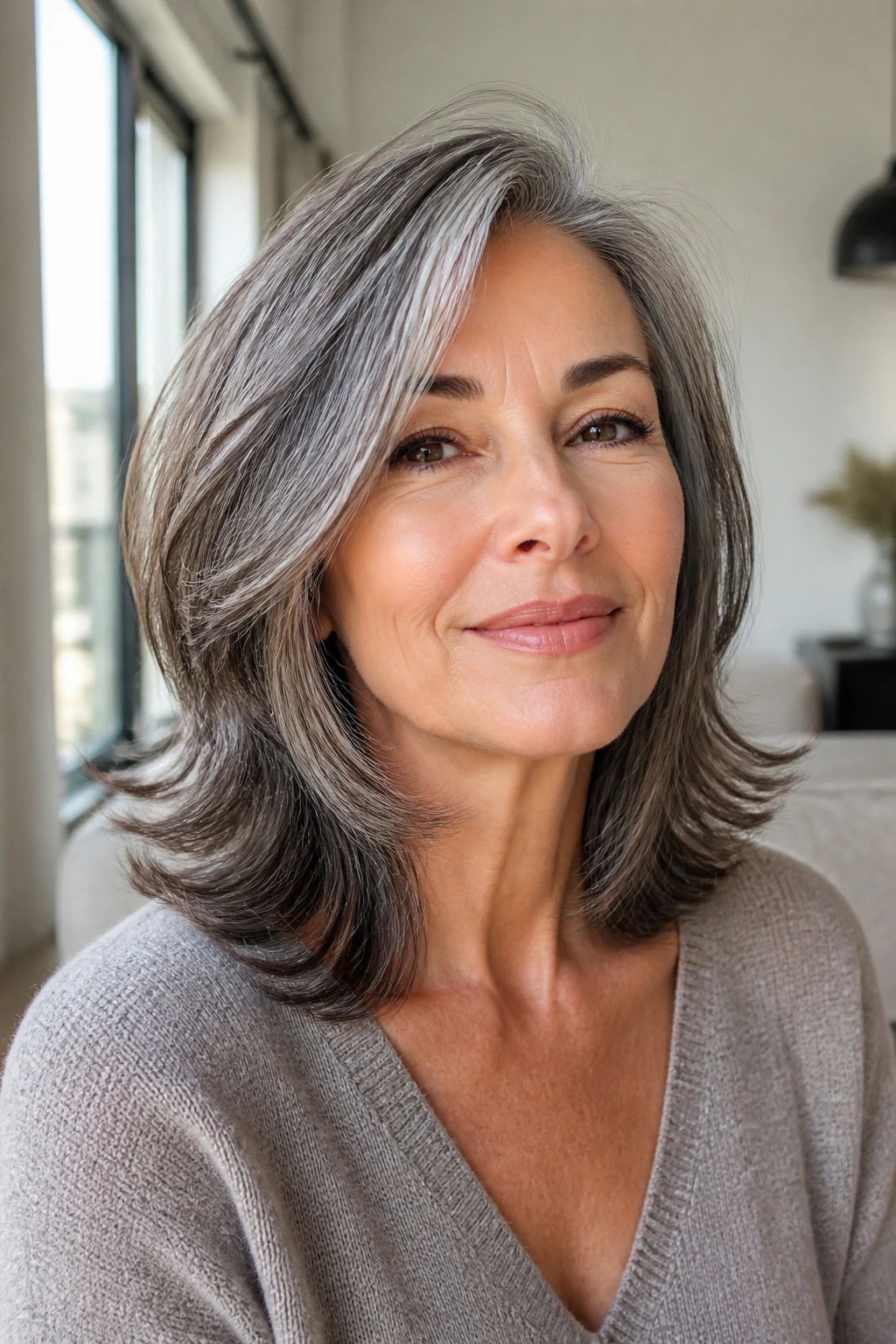 Close-up of layered mid-length hair with flipped ends on a real woman