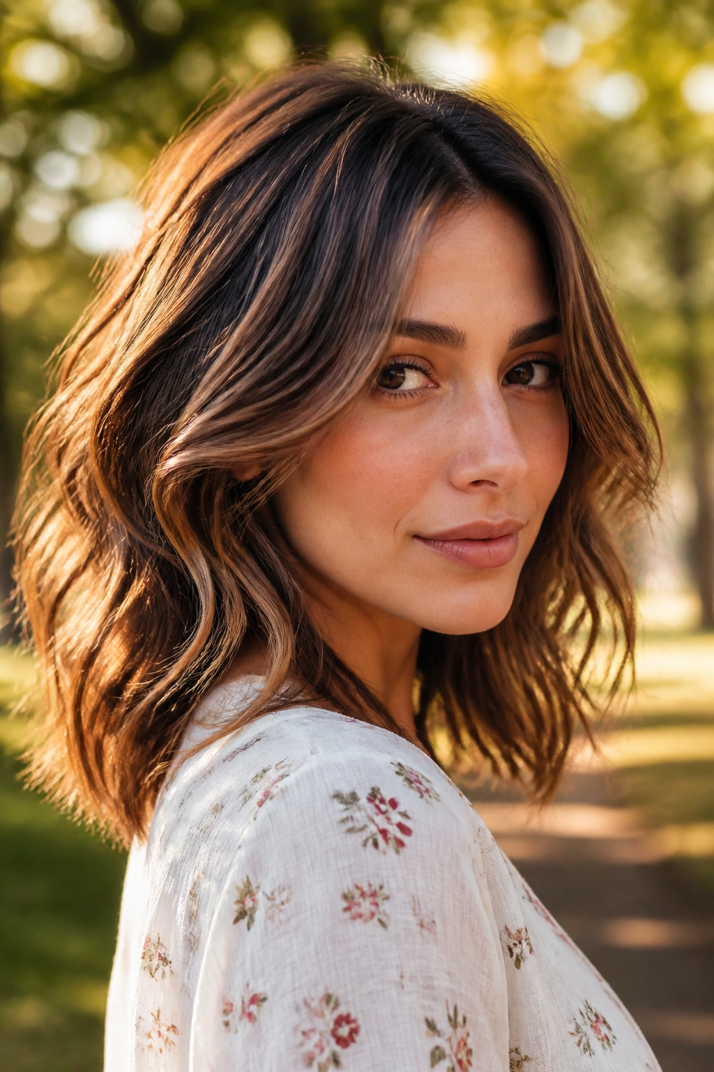 Close-up of a real woman with layered mid-length waves