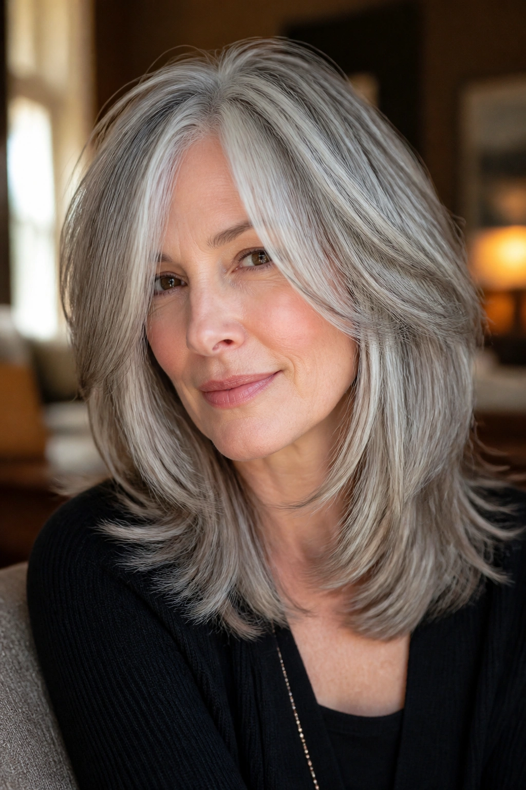 Close-up portrait of a real woman with layered mid-length gray hair showing soft front pieces