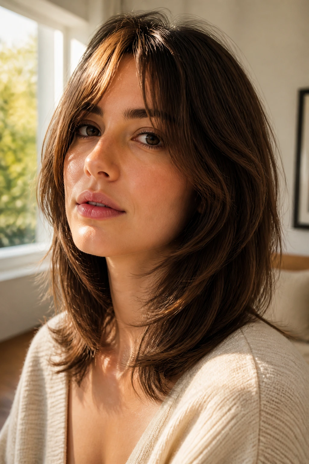 Close-up of layered midi cut on a real person with collarbone-length hair