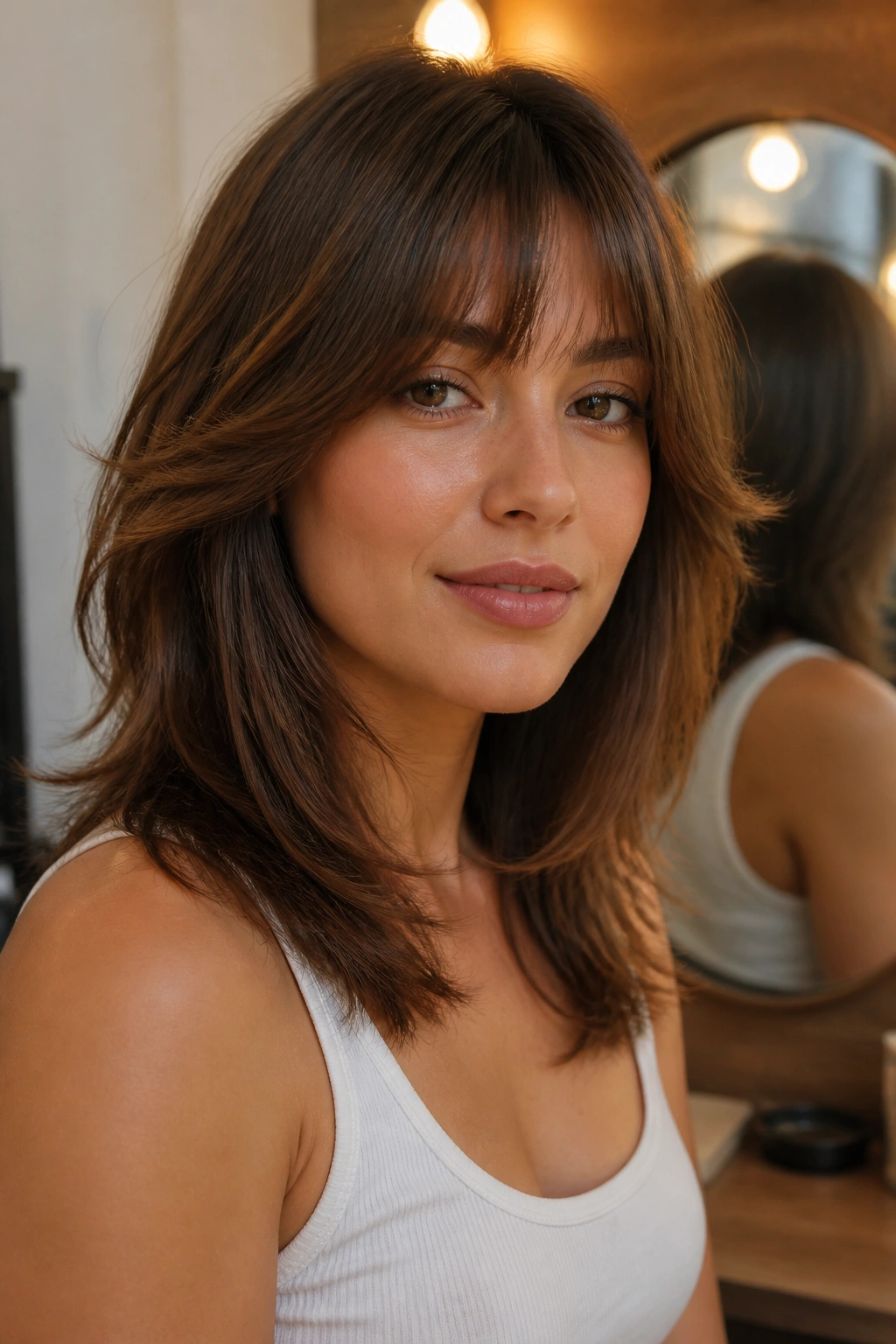 Close-up portrait of a real woman with layered midi cut and feathered bangs