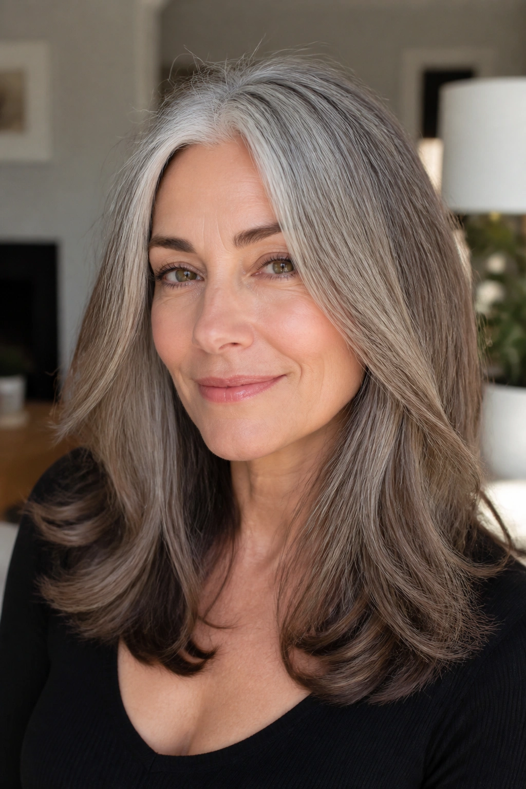 Portrait of a gray-haired woman with layered midi cut and soft waves