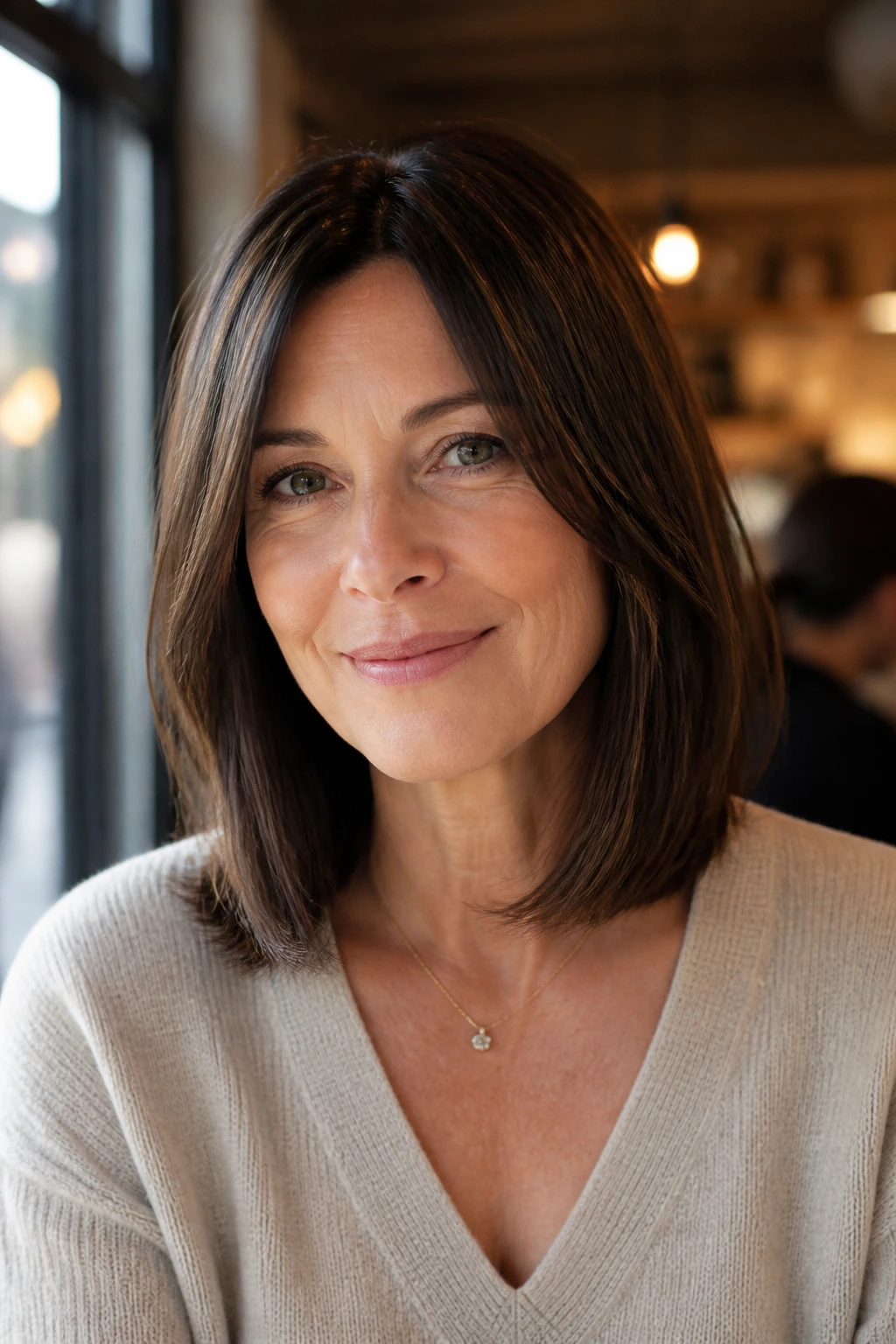 Portrait of a woman with layered mid-length hair and blunt ends
