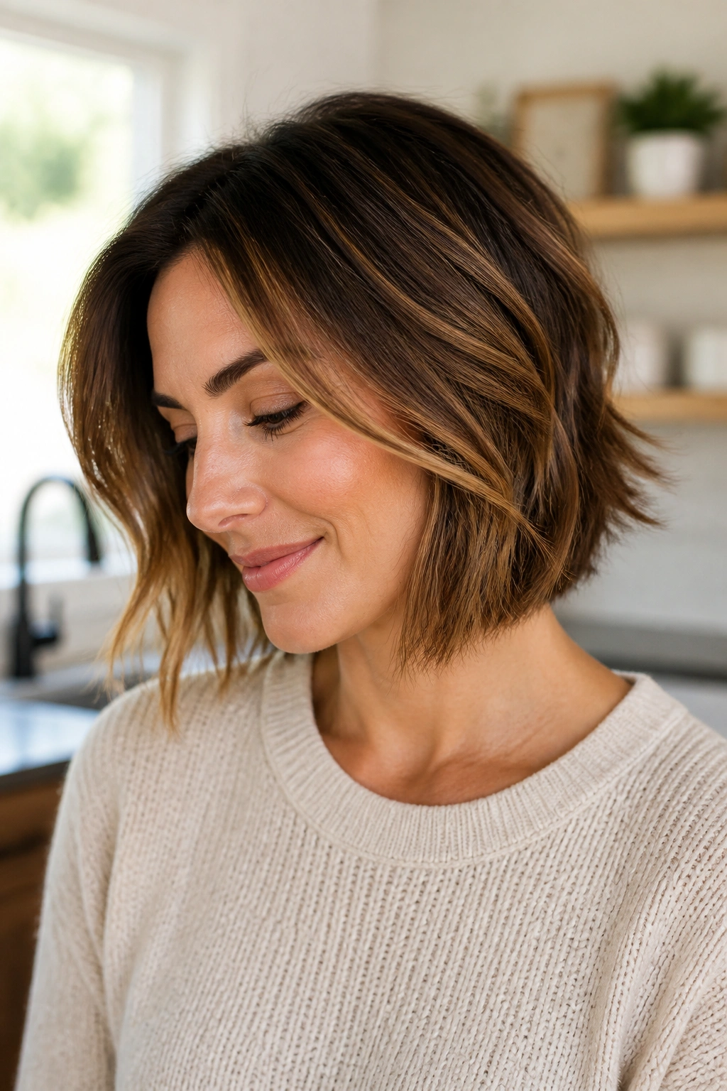 Close-up of a real woman with a layered mini lob in a bright kitchen