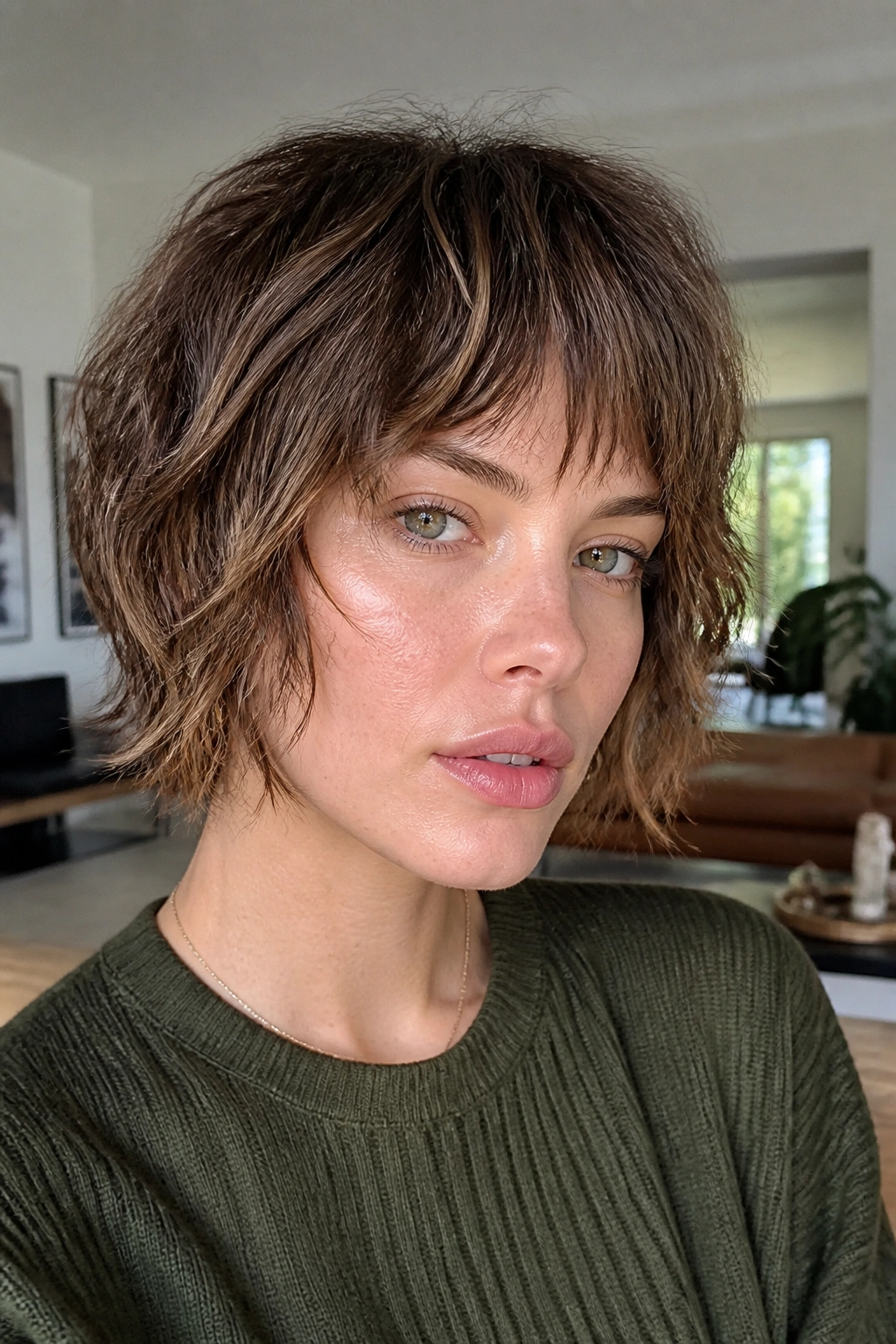 Portrait of a real person with chin-length layered mini shag showing texture