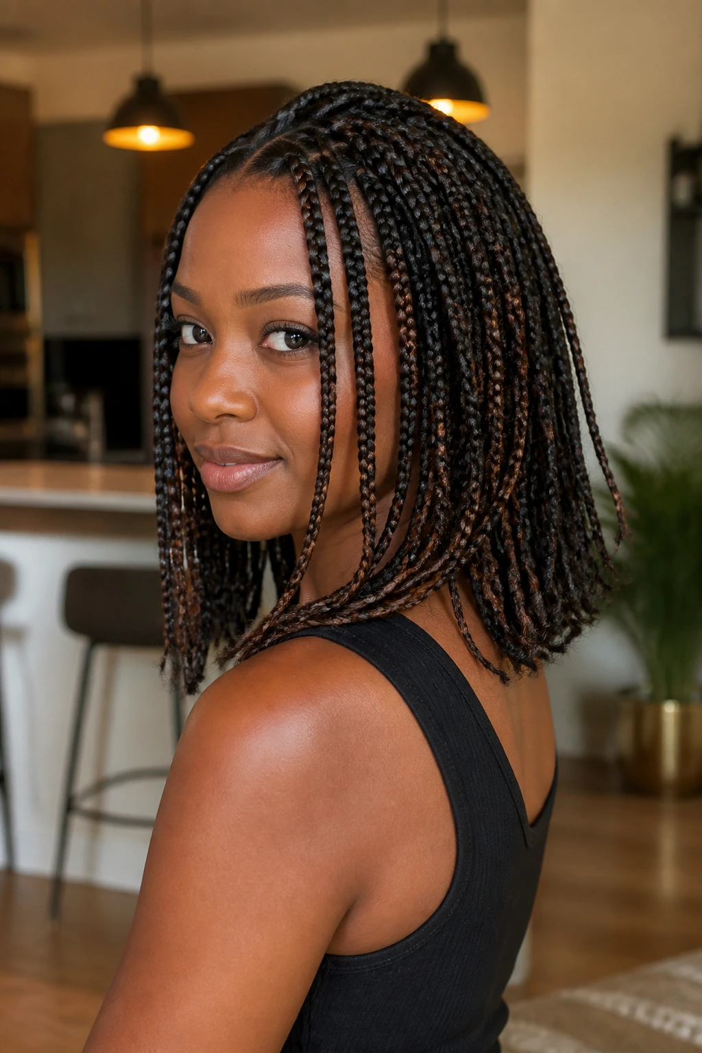 Shoulder-length portrait of layered mixed-length box braids on a real person.