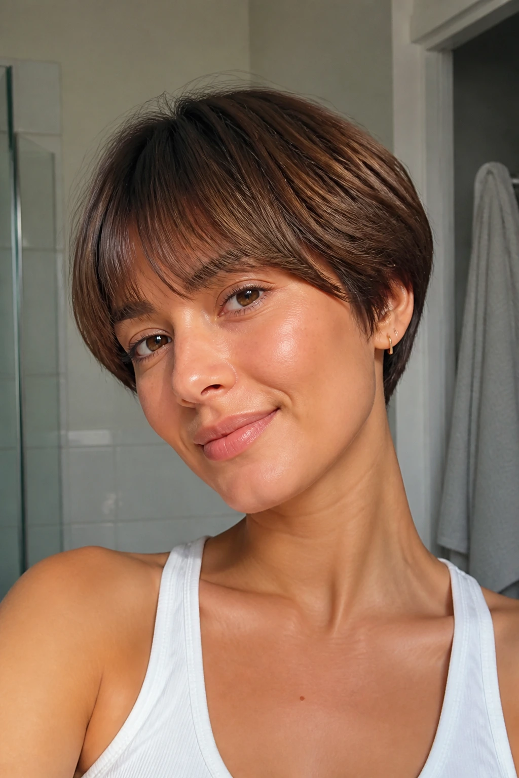 Portrait of real woman wearing a layered mushroom cut at ear length in sunlit bathroom