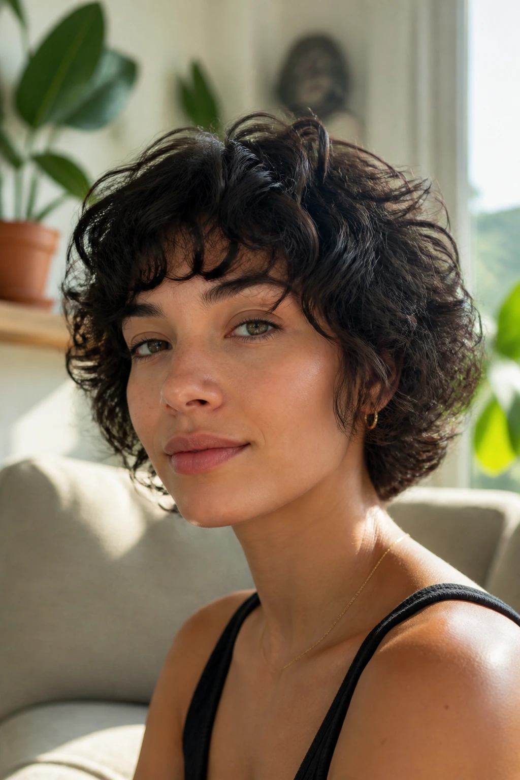 Portrait of a woman with layered mushroom cut and soft fringe, 2c curls