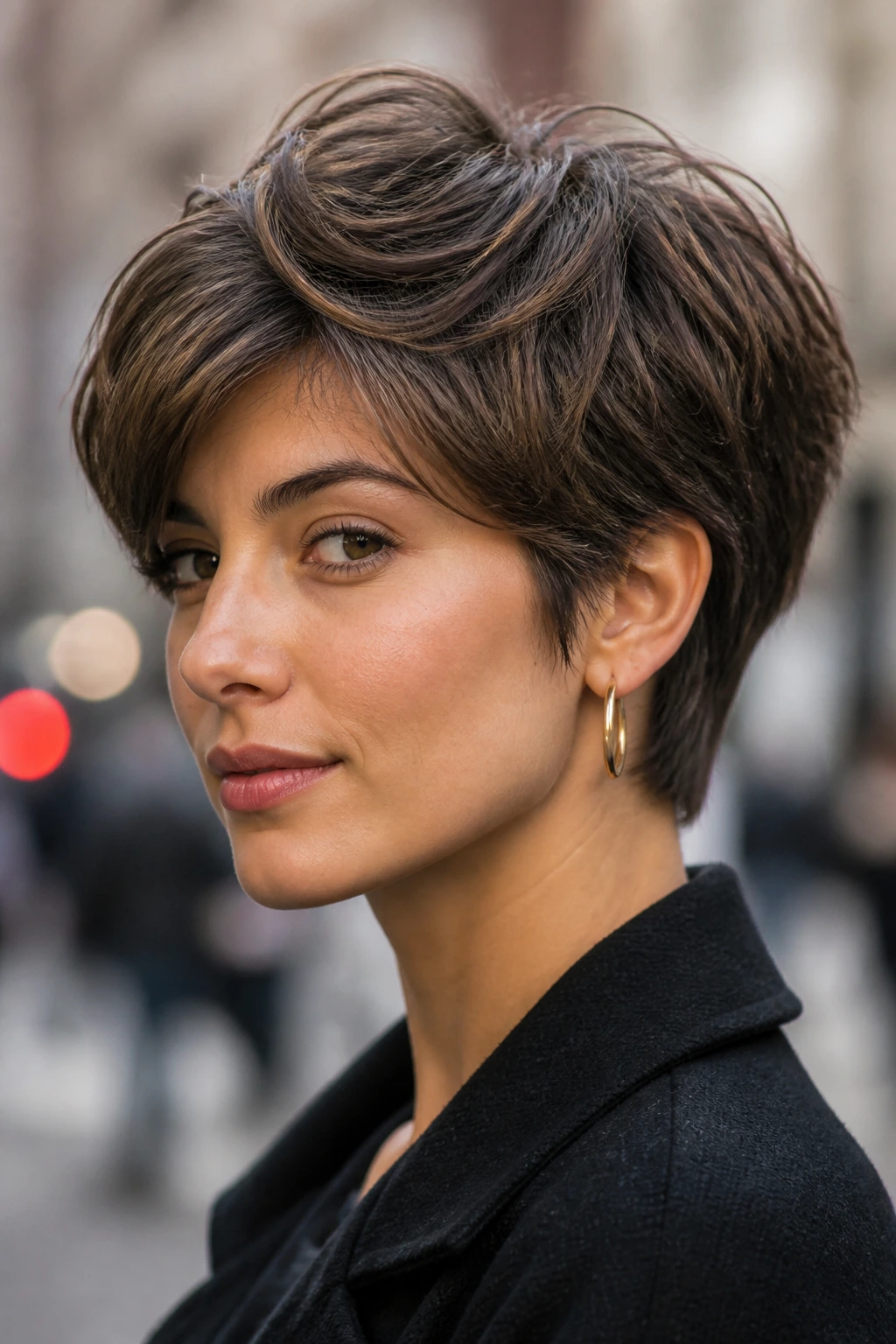 Real person with layered pixie/bixie hairstyle, showing top length and tapered nape