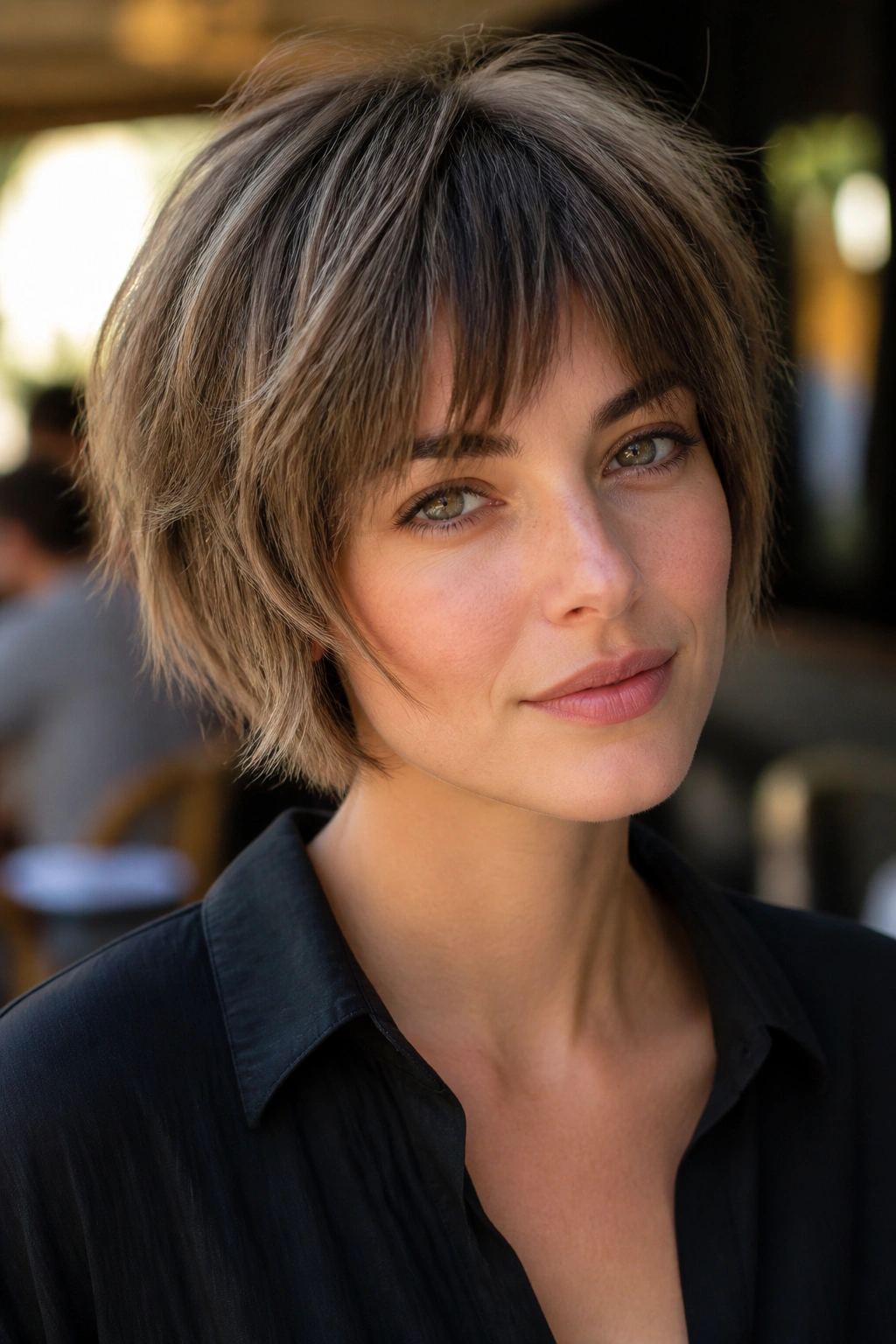 Close-up portrait of a real person with layered pixie bob and soft fringe