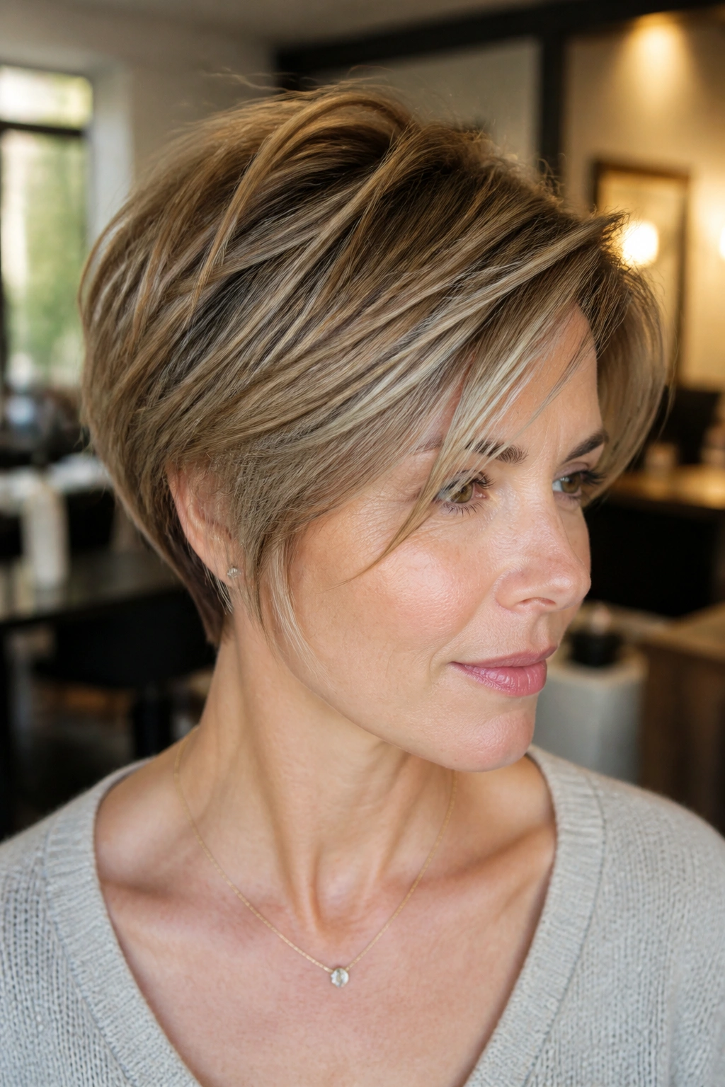 Close-up portrait of a real woman with layered long pixie bob for fine hair showing crown lift