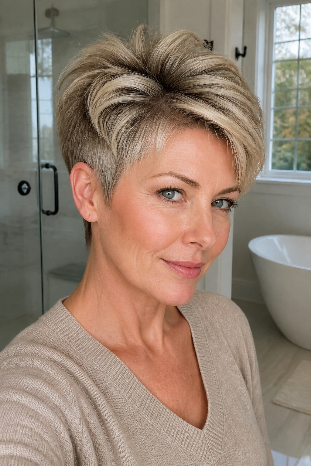Close-up portrait of a woman with layered pixie and crown lift in natural bathroom light