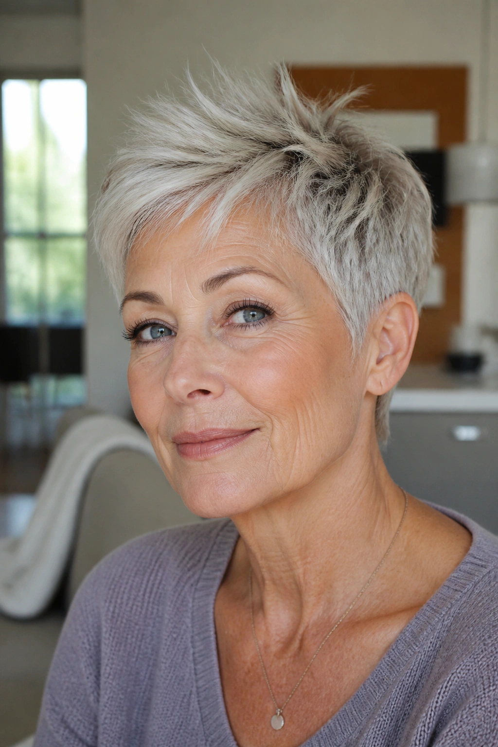 Close-up portrait of real woman with layered pixie crown lift in natural light
