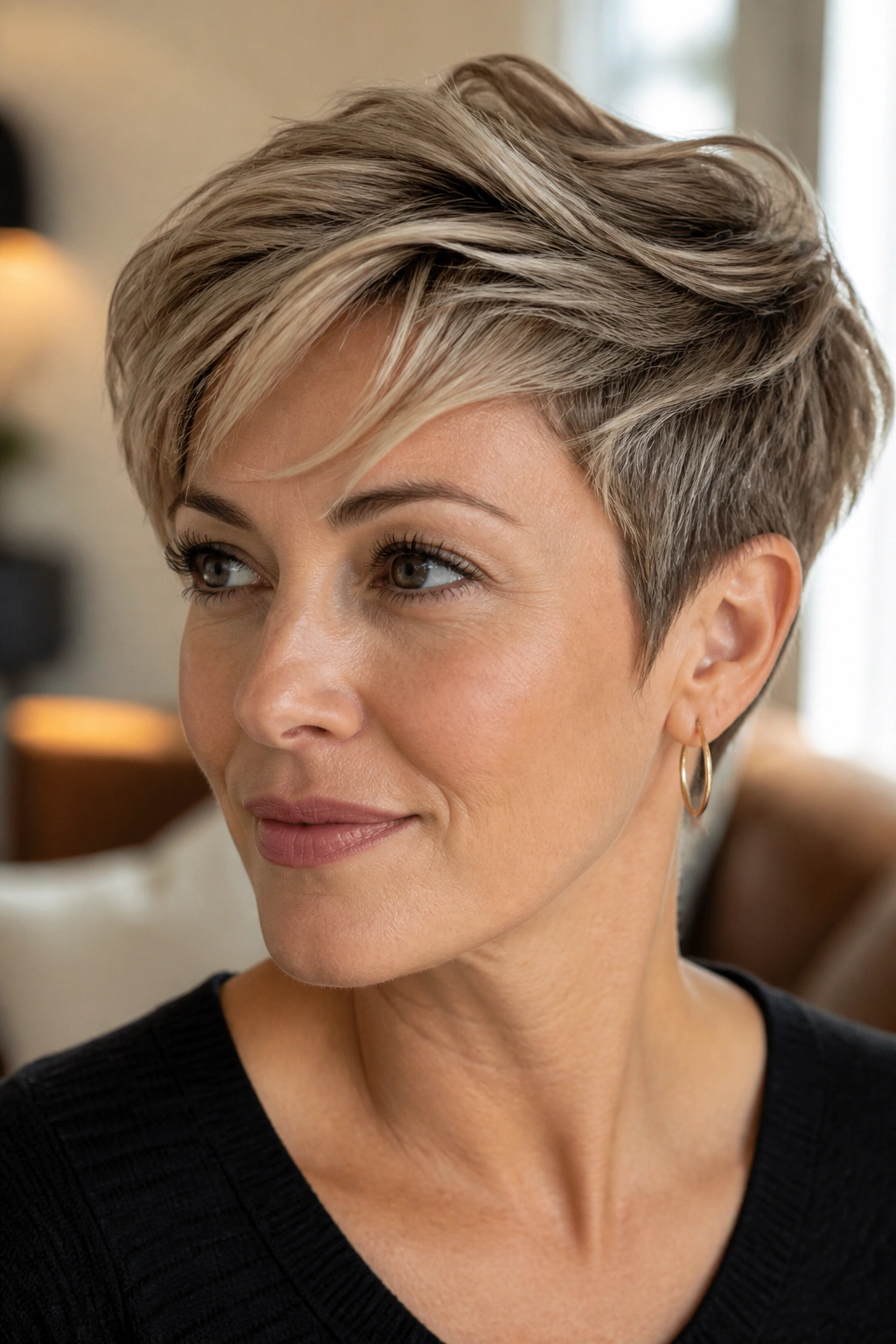 Real woman portrait with layered pixie cut swept across the forehead