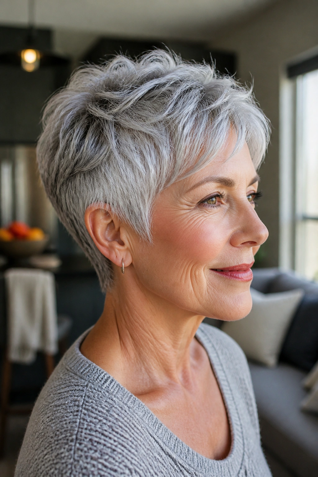 Close-up portrait of a real woman with a layered pixie cut and crown lift in a bright living room.