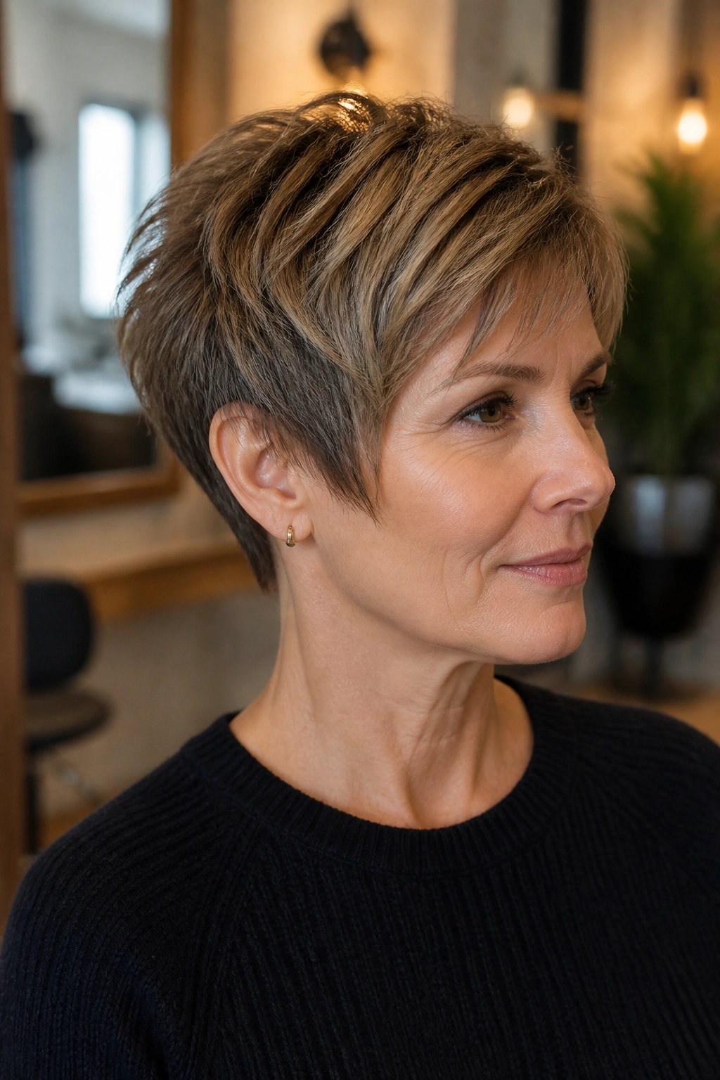 Close-up of a real woman with layered pixie cut in warm salon light