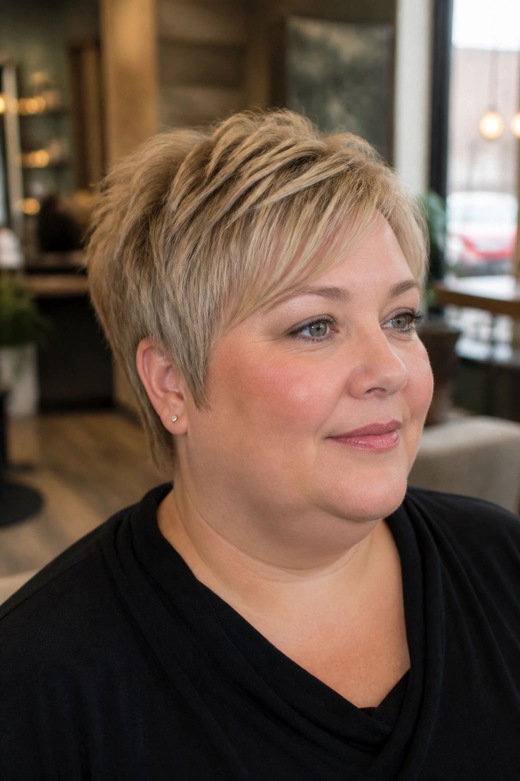 Real woman with layered pixie for fine hair, crown lift and soft fringe, close-up portrait