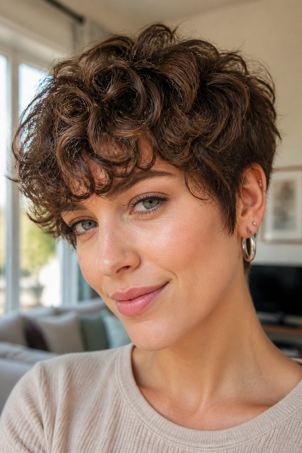 Close-up of layered curly pixie with fluffy fringe in a bright living room