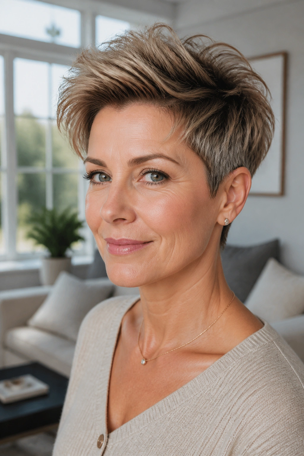 Close-up of real person with layered pixie and long crown.