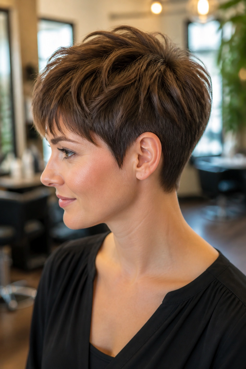 Close-up portrait of real person with layered crown pixie and tapered nape in warm salon light