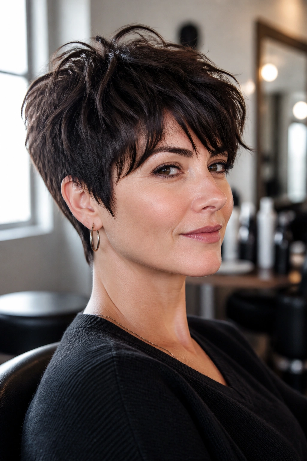 Close-up portrait of a real woman with layered pixie shag for dense hair in a salon.
