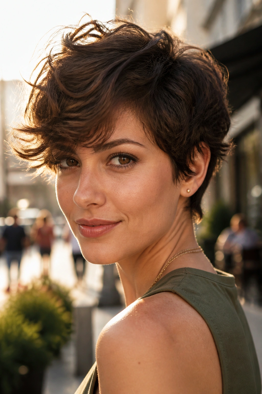 Real woman with layered pixie and side-swept bangs in outdoor sun