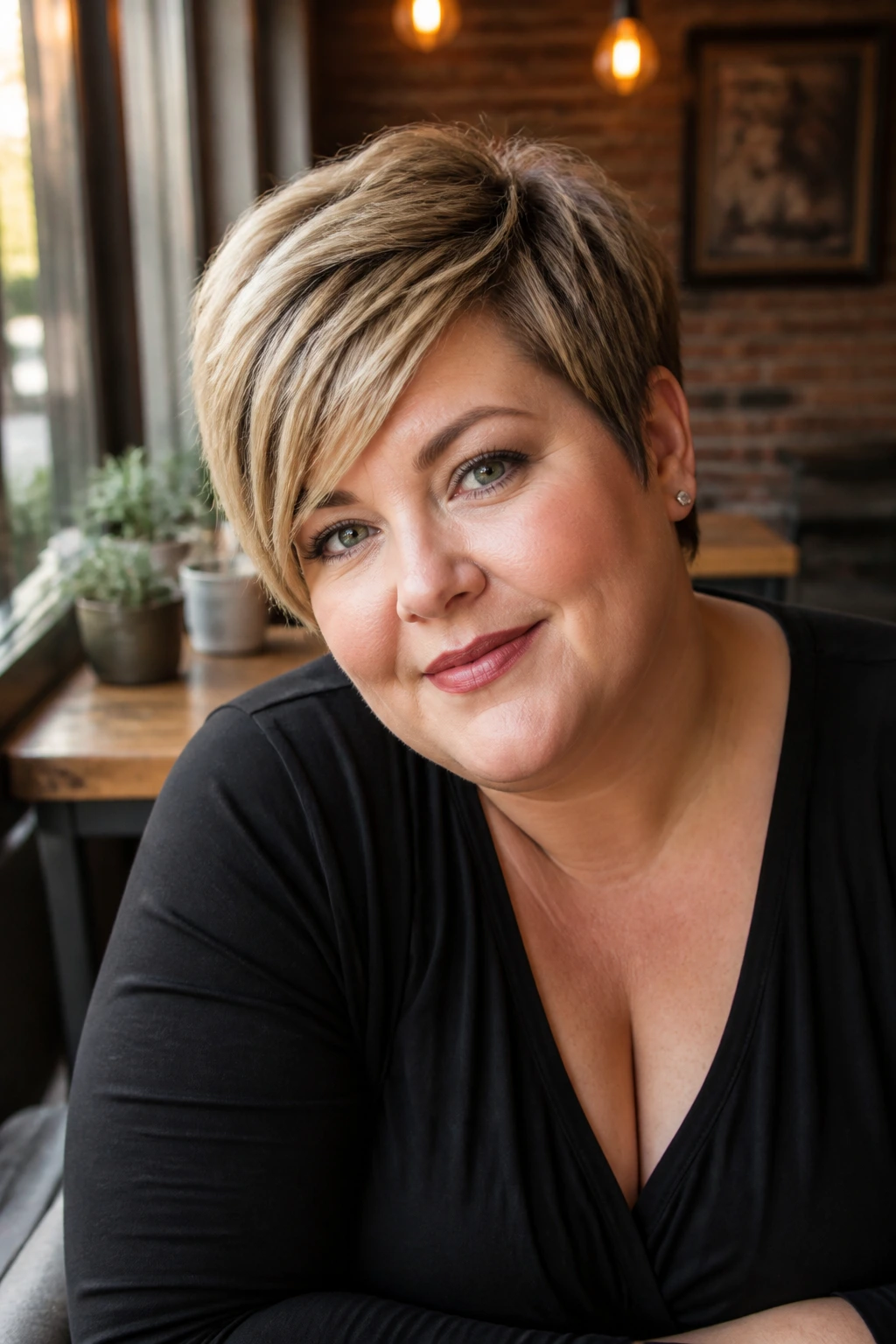 Plus-size woman with layered pixie and side-swept bangs in cafe window light