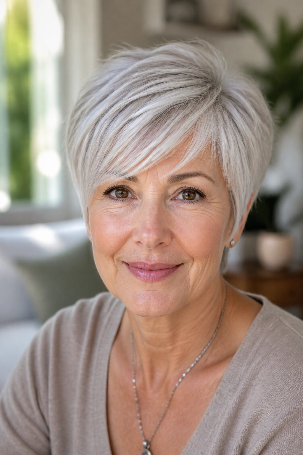 Close-up of a real woman with layered pixie and side-swept bangs