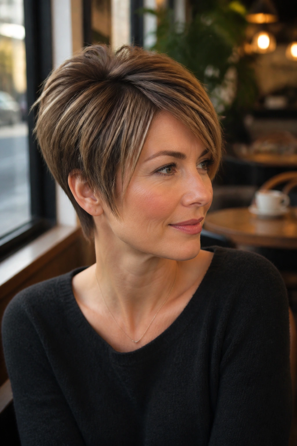 Portrait of a real woman with layered pixie and face-framing taper by a cafe window