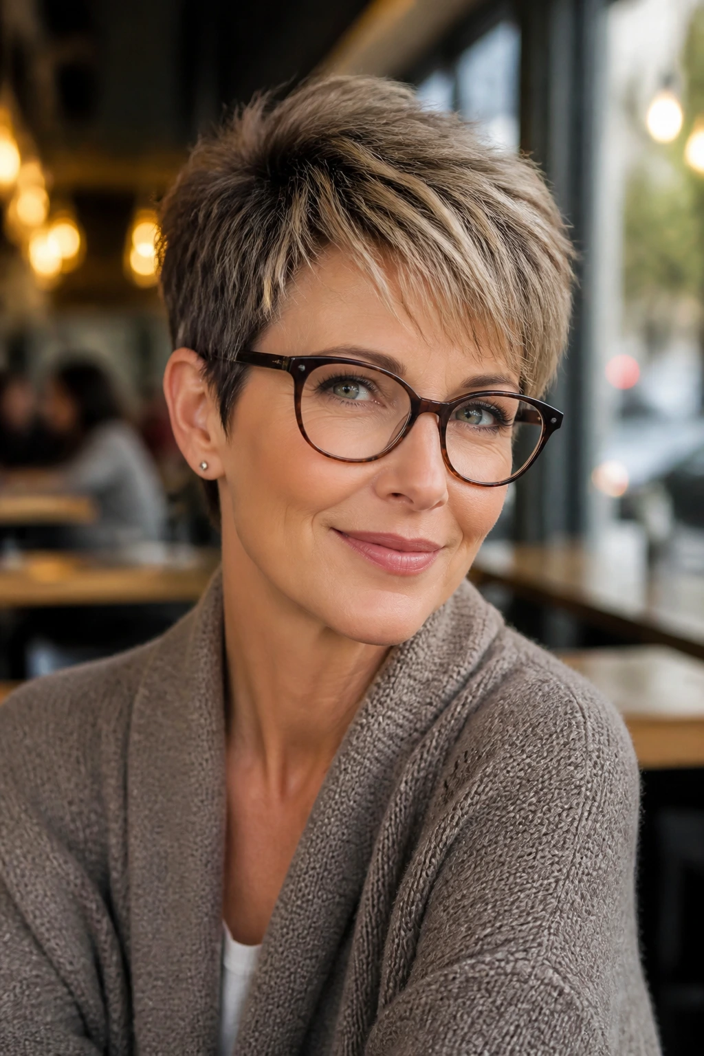 Portrait of a real woman with layered pixie and temple lift