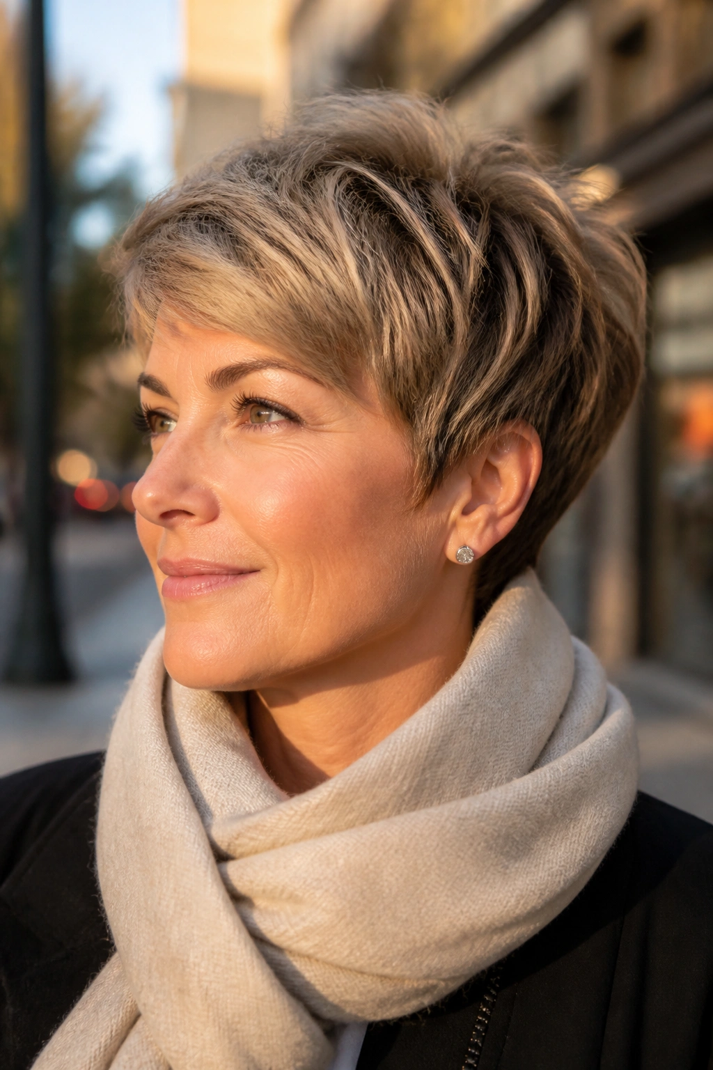 Portrait of a real woman with layered pixie for thick hair under afternoon sun