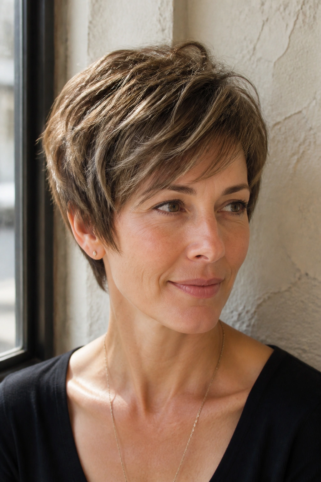 Close-up of a real woman with a layered pixie cut and temple fullness.