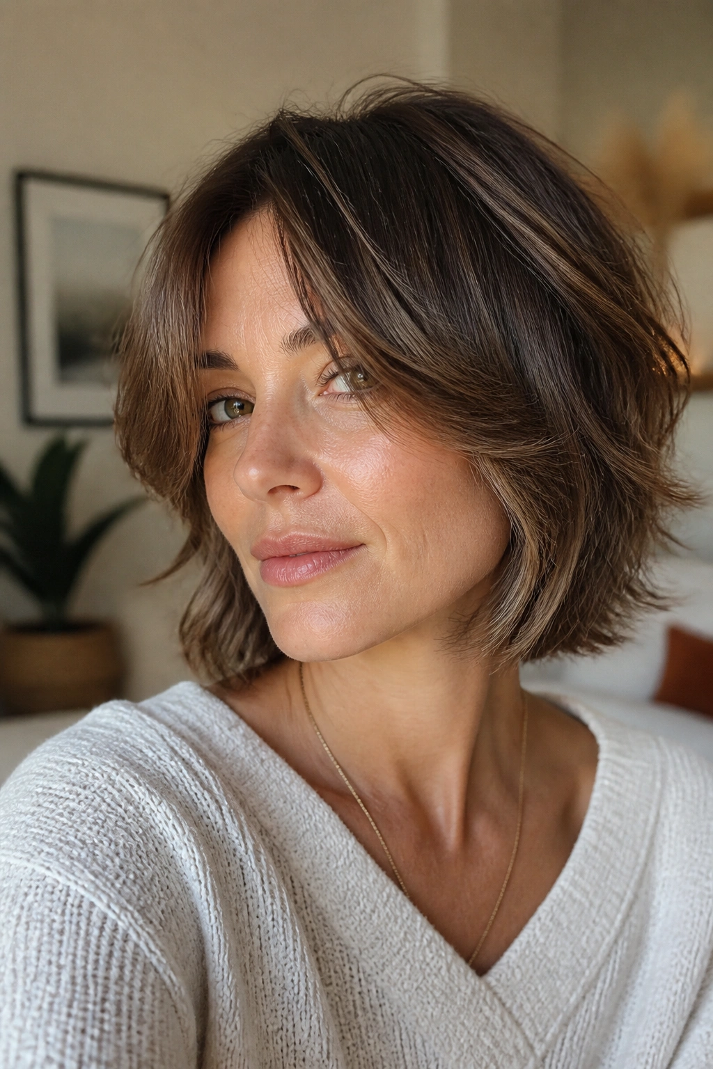 Close-up of a real woman in a layered shag bob with curtain fringe.