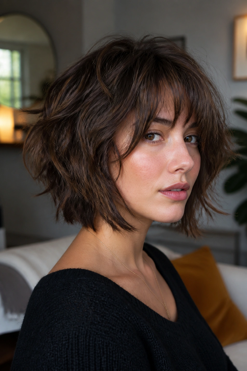 Close-up portrait of a real person with a jaw-length layered shag bob showing textured ends under natural window light