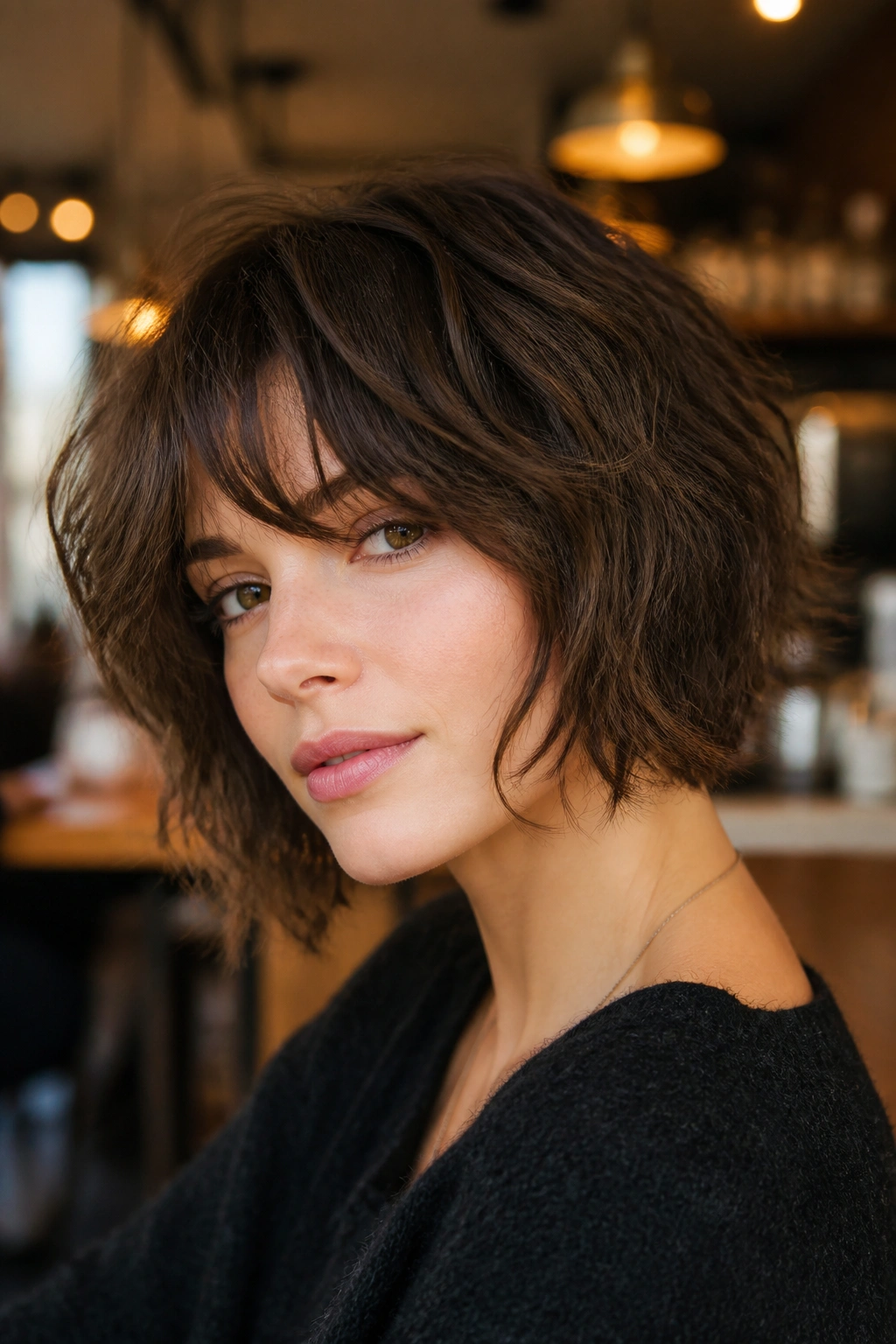 Close-up of a real person with layered shag bob and tousled texture in cafe lighting