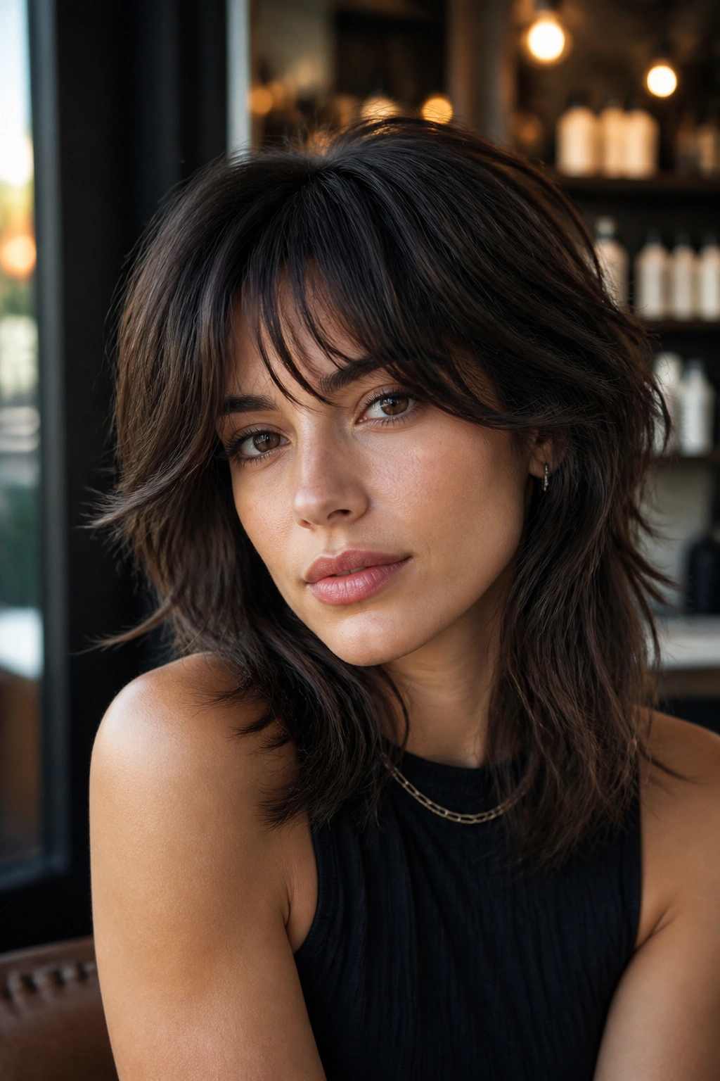 Close-up of a real person with layered shag and bottleneck bangs