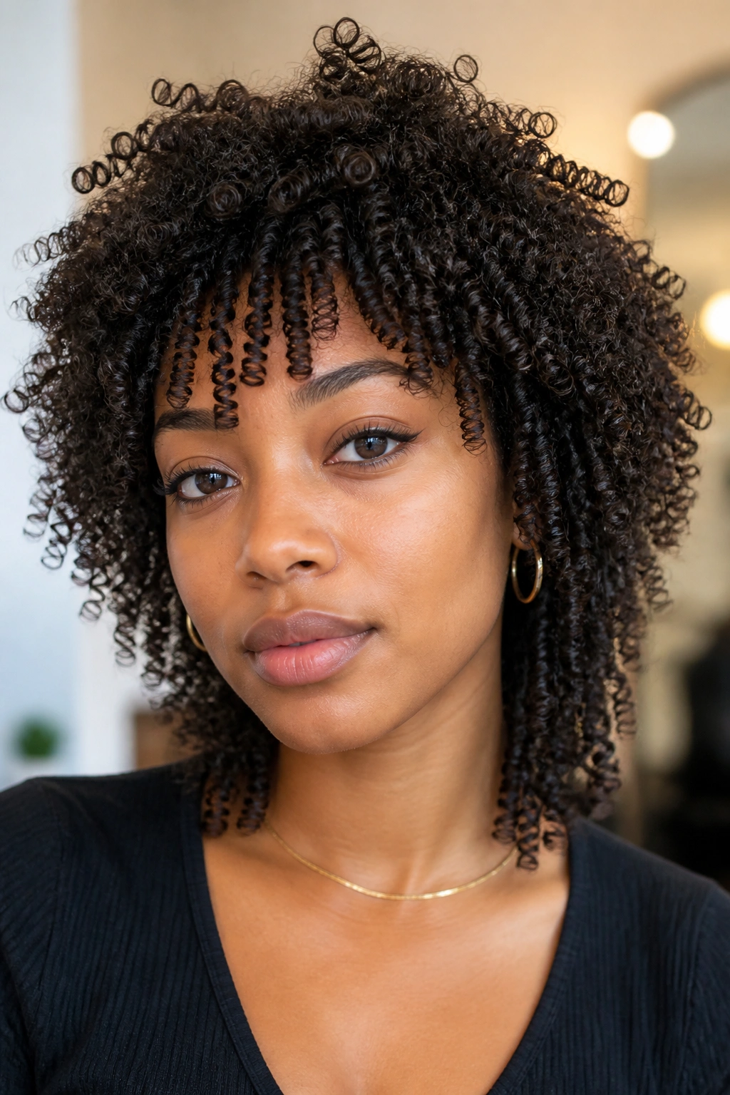 Close-up of real person with layered shag on tight coils, lift at crown