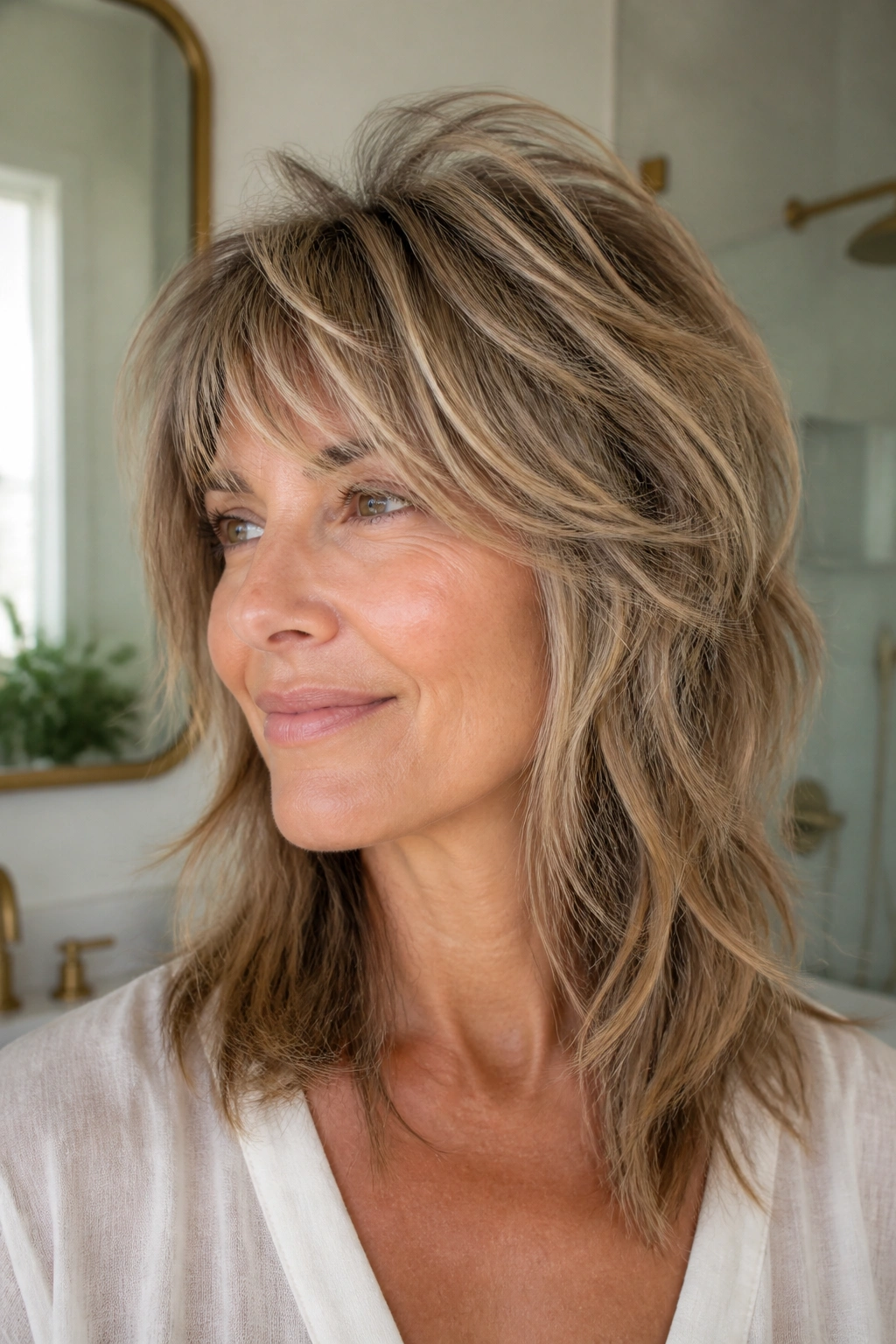 Close-up of a real woman with layered shag and light crown in daylight.