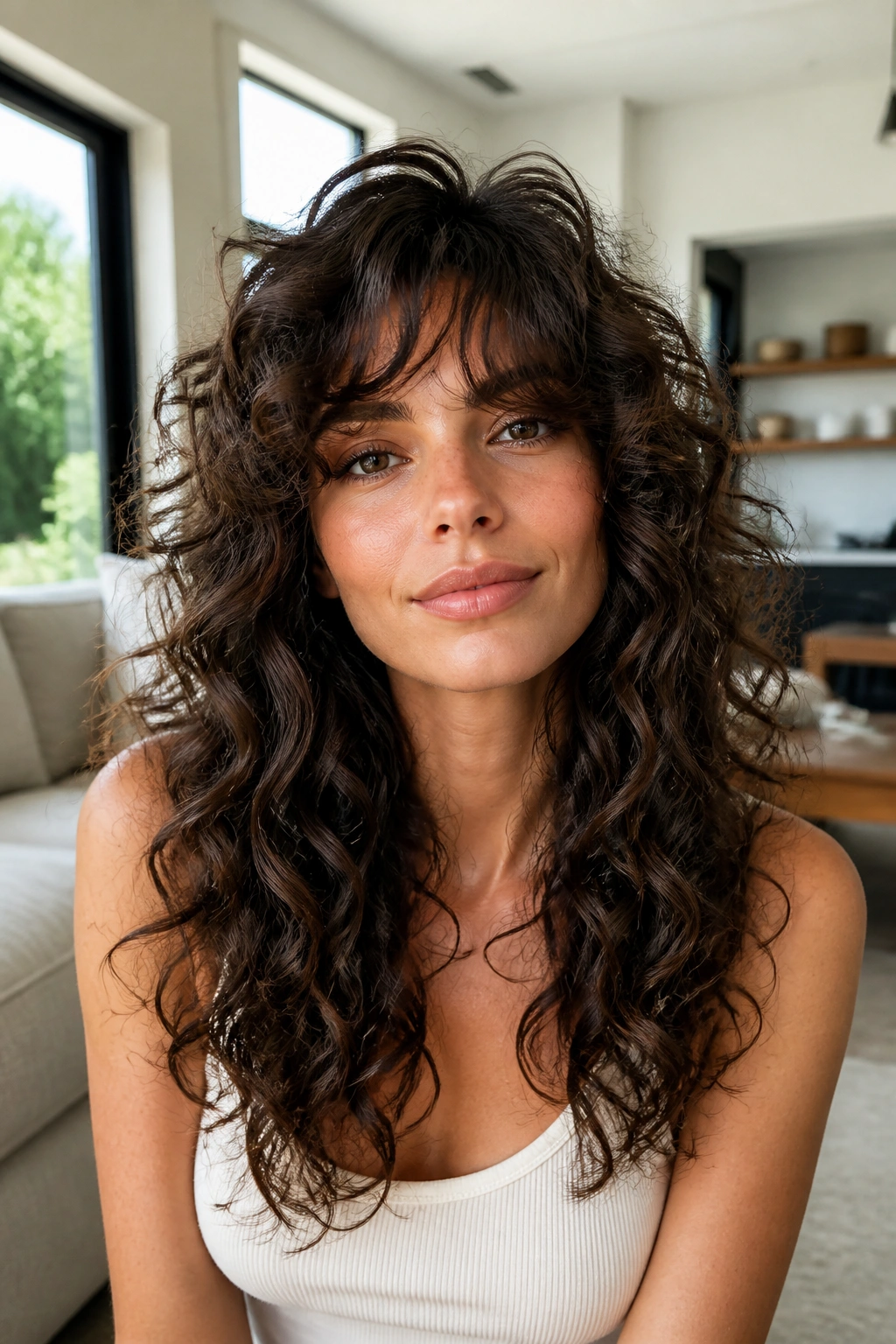 Close-up of a real woman with layered shag curls in bright light