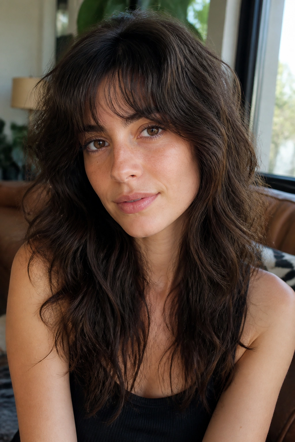Close-up of a real woman with layered shag for dense wavy hair and light fringe in natural window light