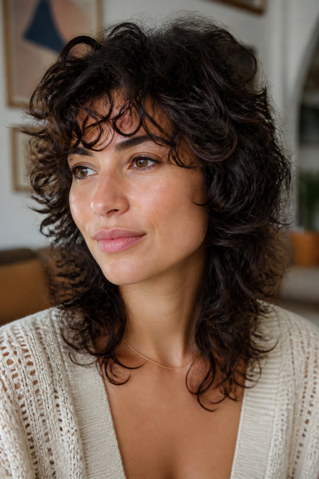 Close-up of a real woman with layered shag for fine curls