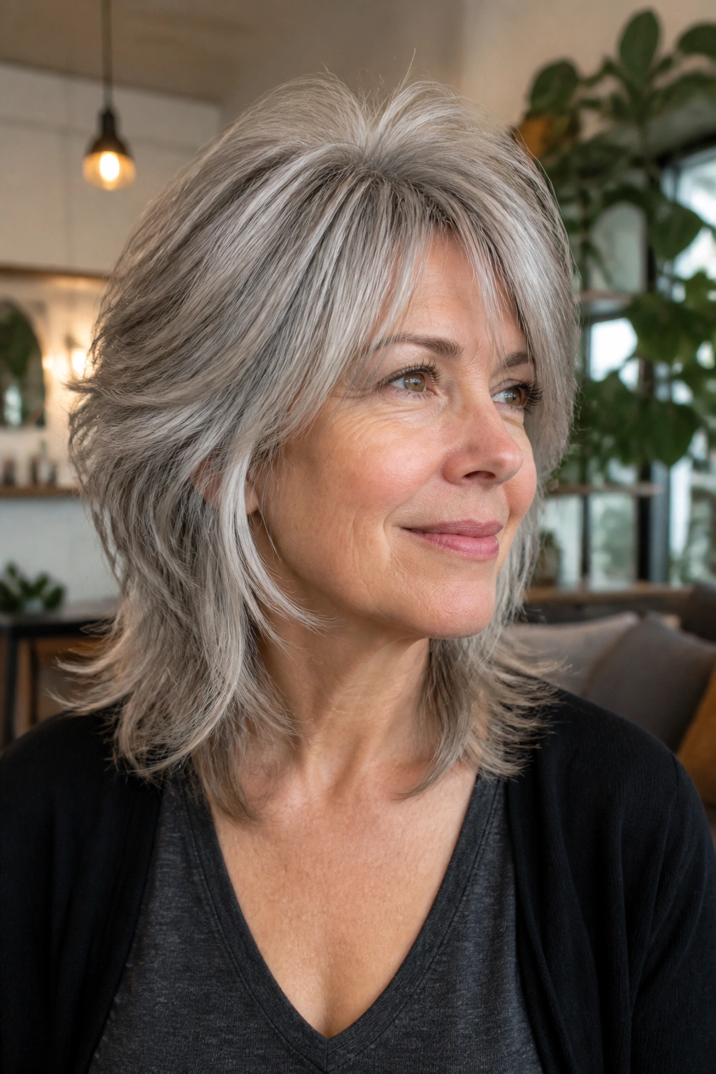 Close-up portrait of a real woman with layered shag and crown lift