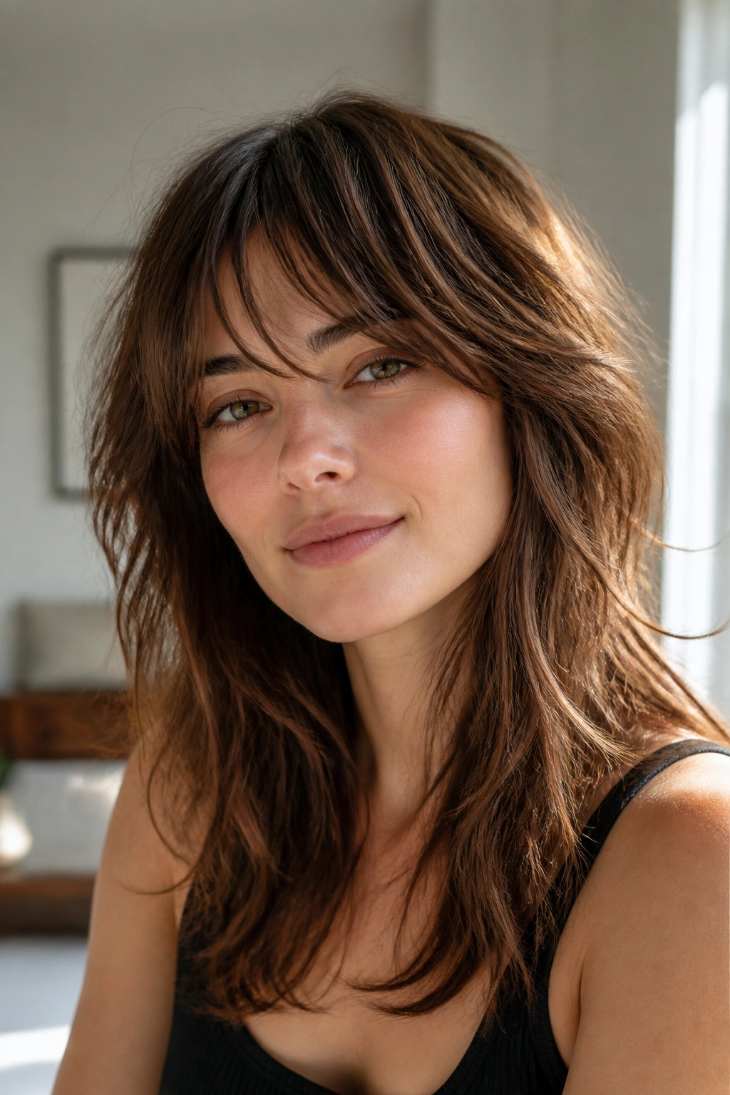 Close-up of a real person with layered shag and loose fringe in sunlit room