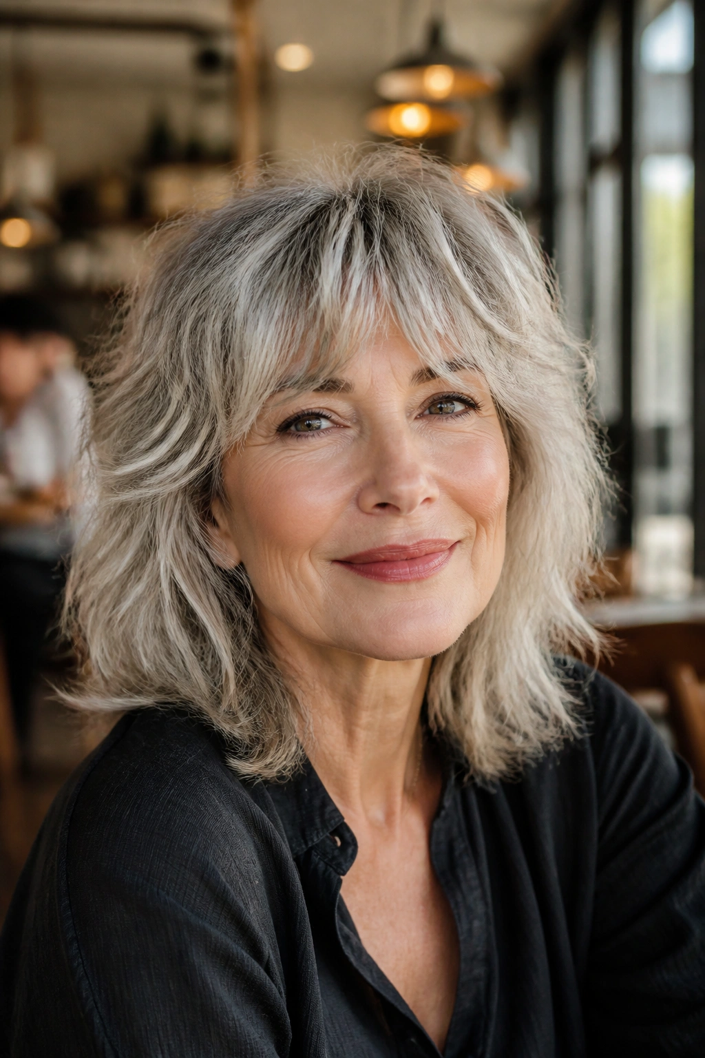 Close-up portrait of a real woman with layered shag on grey hair